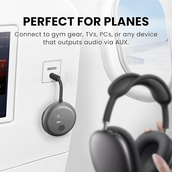 Avantree SoundJet R1 – Airplane Bluetooth Adapter for Headphones & AirPods, aptX Adaptive, Qualcomm Chipset, 20H Battery, Wireless Audio Transmitter for in-Flight Travel Essentials - Metallic Black