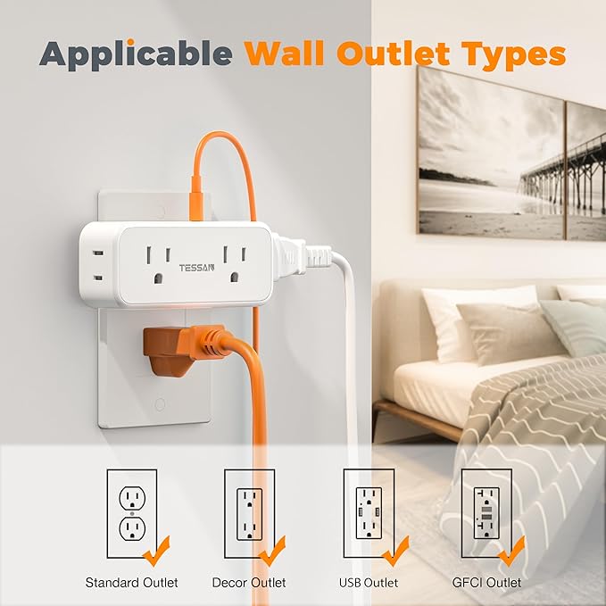 Outlet Extender Surge Protector, TESSAN Multi Plug Splitter with 4 Electrical Outlets 3 USB Ports (1 USB C), Multiple Wall Plug Expander for Home Office Kitchen Dorm Room, White