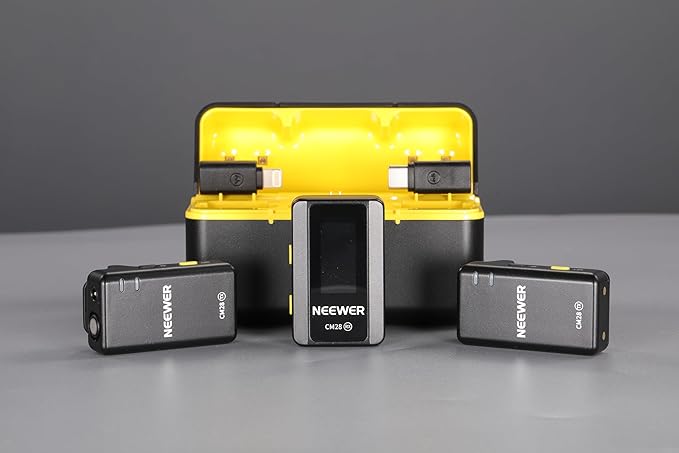 NEEWER CM28 Wireless Lavalier Microphone System with Charging Case Noise Canceling 4GB Storage 9Hrs Recording 48KHz 16 Bit Uncompressed Audio Lapel Mic Compatible with iPhone iPad Android PC Camera
