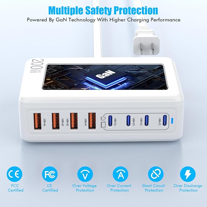 USB C Charger Block,200W GaN 8 Port USB C Charging Station USB Hub Block Cube Type C & USB A Wall Charger Power Adapter for Multiple Devices Apple iPhone 16/15/14,Steam Deck,MacBook Pro/Air,iPad Pro