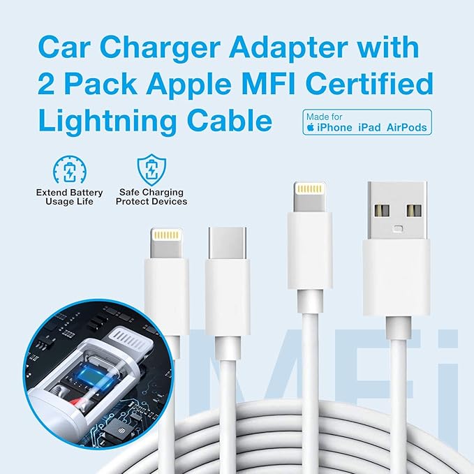 MOCA 38W Fast Car Charger, Dual Port USB C Power Delivery All Metal Lighter PD/ QC3.0 Car Charger with 2 Pack PD Lightning Cord Quick Charging for iPhone 16 15, Samsung Galaxy S25 S24, Pixel, Android