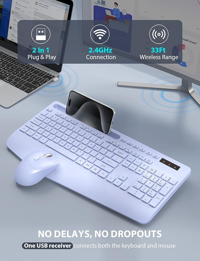 Wireless Keyboard and Mouse Combo - Full-Sized Ergonomic Keyboard with Wrist Rest, Phone Holder, Sleep Mode, Silent 2.4GHz Cordless Keyboard Mouse Combo for Laptop, Computer, PC, Mac, Windows -Trueque