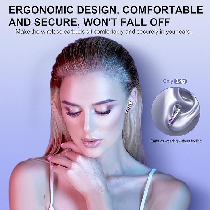 Wireless Earbuds, Bluetooth Headphones 48H Playtime Ear Buds with LED Power Display, IPX7 Waterproof Bluetooth 5.4 Earphones in-Ear Earbuds with 4 Mic for Android iOS Cell Phone Laptop, Purple