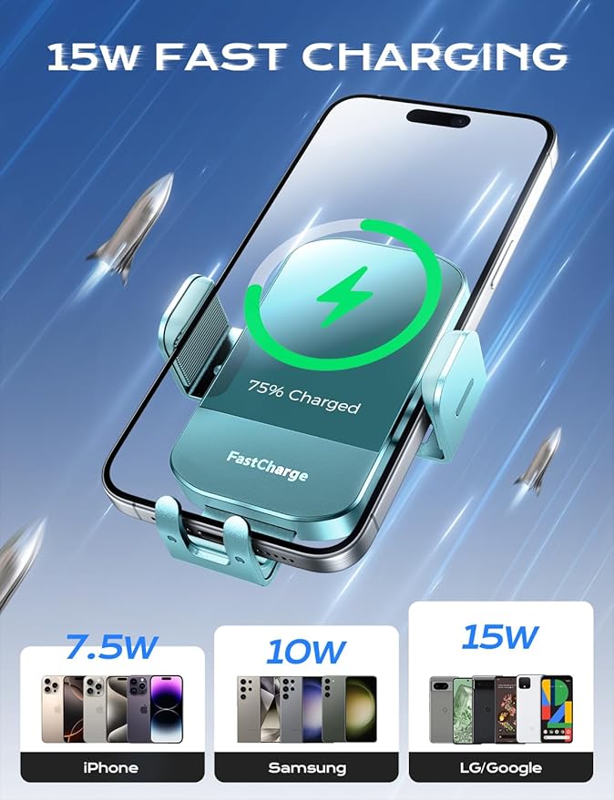 CHGeek Wireless Car Charger, 15W Fast Charging Auto Clamping Car Charger Phone Mount Phone Holder fit for iPhone 16 15 14 13 12 Pro Max 11 XR XS, Samsung Galaxy S25 Ultra S24 S23 S22, Dark Teal