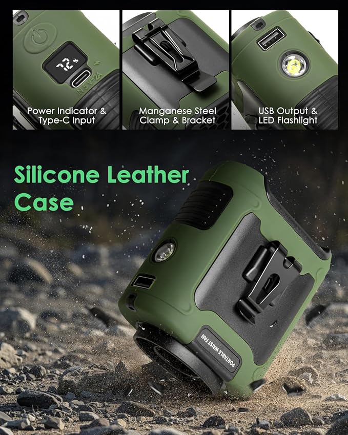 Portable Waist Fan Clip on, Personal Wearable Belt Fan 10000mAh Rechargeable Battery Under Shirt,5 Speeds with light, Neck Fan Hands-Free Cooling For Outdoor Camping Travel (Green)