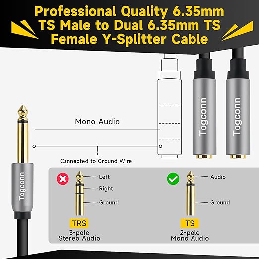 2-Pack 1/4 inch TS Mono Splitter Y Adapter, 6.35mm Mono Male to Dual 6.35 mm TS Mono Female Jack, Quarter inch Audio Speaker Splitter Converter Cable 1 Feet, Gold Plated Connectors