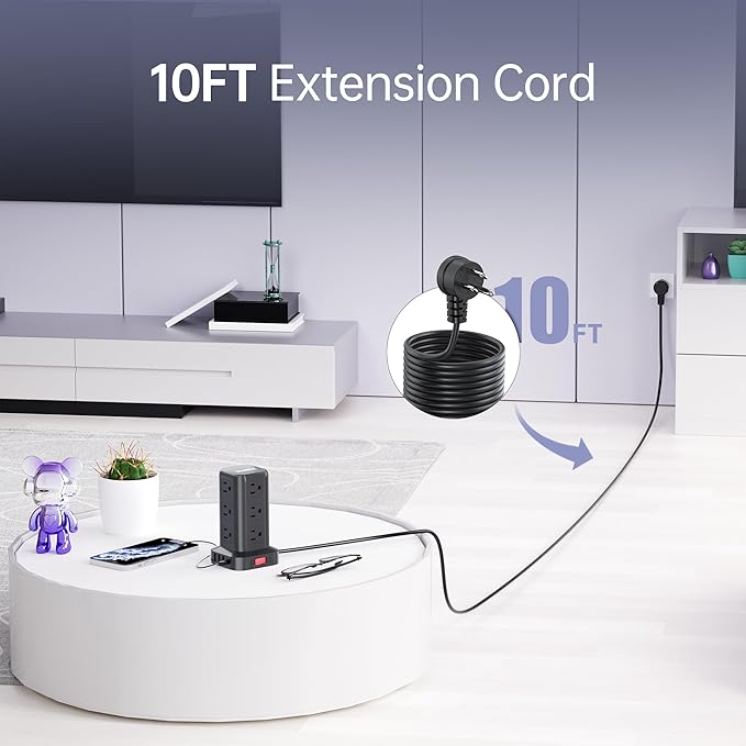 Surge Protector Power Strip Tower,10FT Extension Cord with Multiple Outlets, 12 AC 4 USB (1 USB C)，Mini Power Strip with USB Ports, Surge Protector Tower Overload Protection for Office, Desk