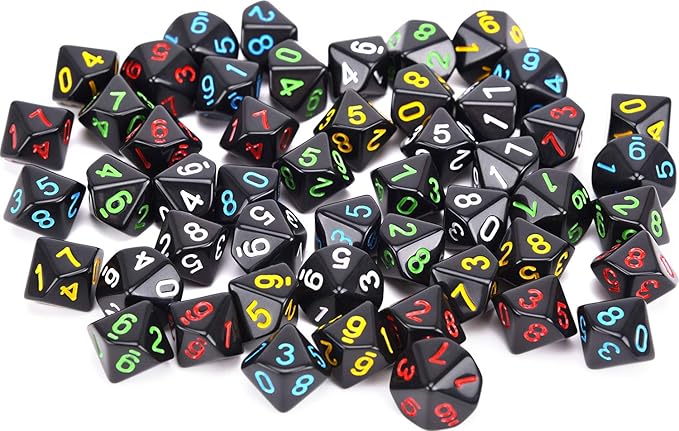 50pcs Assorted D10 Opaque Black with Black Dice Bag 10 Sides Dice for Tabletop RPG World of Darkness Vampire (0-9)