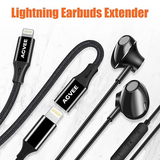 AGVEE [6.6ft Lightning Extension Cable Braided Female to Male Extender Cord for iPhone iPad Charger, Data Sync Video Audio & Charging Connector Adapter, Black