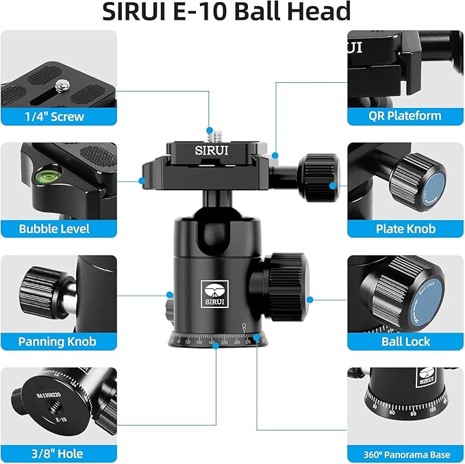 SIRUI Traveler 7C Camera Tripod 65.55 inches Carbon Fiber Arca Tripod with E-10 360° Panorama Ball Head and Arca Swiss Quick Release Plate Load Capacity Up to 17.6lbs, Convertible to Monopod
