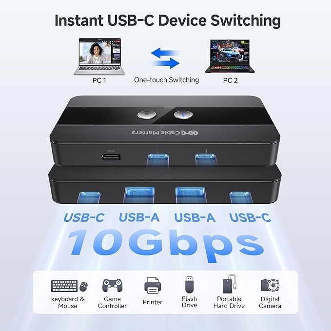 Cable Matters USB C Switch for 2 Computers with Remote Control, 10Gbps Data Transfer, Shares 2X USB-A and 2X USB-C Peripherals (Keyboard, Mouse, Printer, SSD), Data Only - No Video, No Host Charging