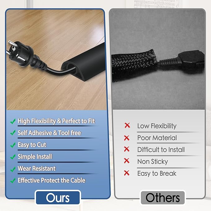 Floor Cord Cover for Wires on Floor Self Adhesive Cord Hider Floor Cable Management Wire Covers for Cords Protector Prevent Cable Trips Cord Cavity W 0.32" x H 0.32", Black, 20Ft