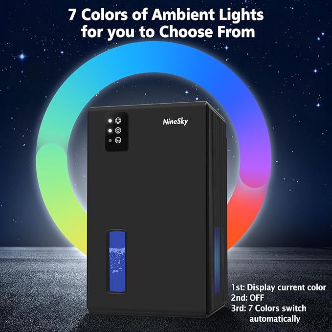 NineSky Dehumidifiers for Home, 95 OZ Water Tank, (1000 sq.ft) Dehumidifiers for Bathroom Bedroom Basement with Auto Shut Off,7 Colors LED Light(Black)