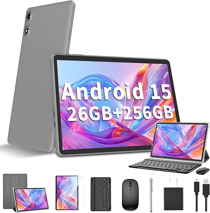 Android 15 Tablet 10 Inch, 26GB RAM+256GB ROM/2TB Expandable Tablet, 2 in 1 Tablets with Keyboard Case Mouse Stylus, 2.0GHz Octa-core CPU, IPS HD Screen, 5G WiFi BT 5.0, 8000mAh Battery (Silver)