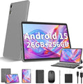 Android 15 Tablet 10 Inch, 26GB RAM+256GB ROM/2TB Expandable Tablet, 2 in 1 Tablets with Keyboard Case Mouse Stylus, 2.0GHz Octa-core CPU, IPS HD Screen, 5G WiFi BT 5.0, 8000mAh Battery (Silver)