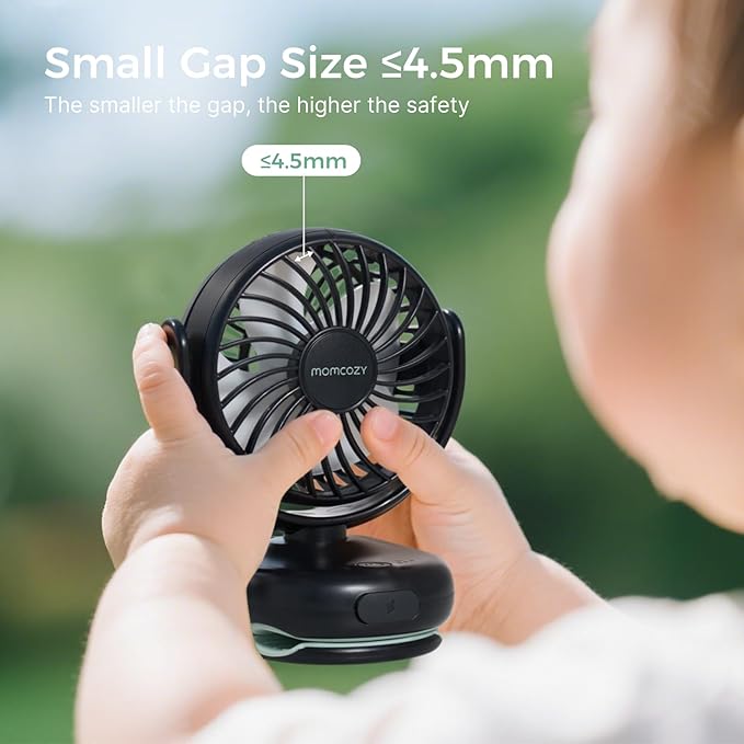 Momcozy Portable Fan with Clip | 4-Speed Mini-Fan for Carrier | Personal Fans Ultra Lighter 0.26lb | Gaps ≤4.5mm | Handheld Cooling | Rechargeable Rotate for Diaper Backpack/Stroller/Carrier/Chair