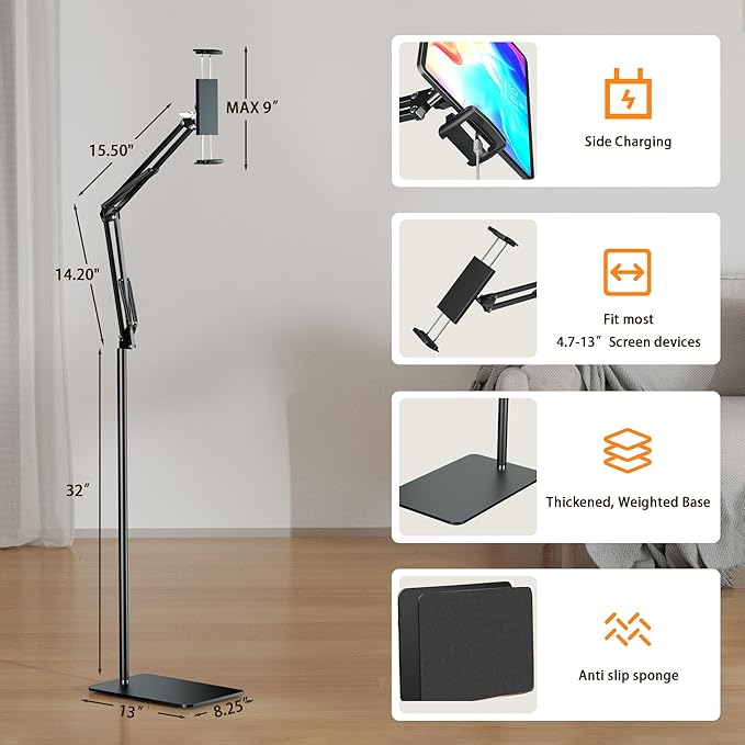 Tablet Floor Stand & Kindle Holder, Overhead Bed Reading Stand with 360° Rotatable Clamp and Height Adjustable Flexible Long Arm, Compatible with Kindle, iPad mini/Air/Pro, and 4.7-14 Inch Devices