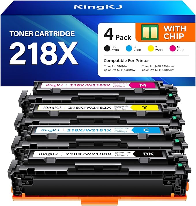218X Toner Cartridges Set with chip 4-Pack 3301fdw Replacement for HP 218X W2180X W2181X W2182X W2183X 218A W2180A Black Compatible with HP Color Laserjet Pro MFP 3301cdw 3301sdw 3201dw Printers Ink