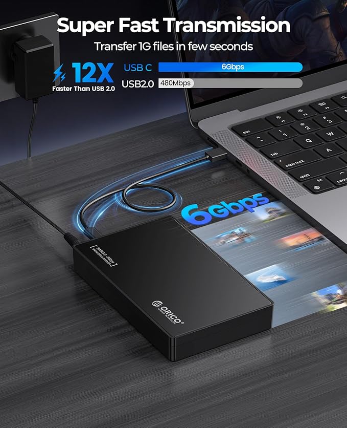ORICO 3.5" External Hard Drive Enclosure SATA III to USB3.1 Type C for HDD Tool-Free Installation Supports UASP and 20TB Drives - Black