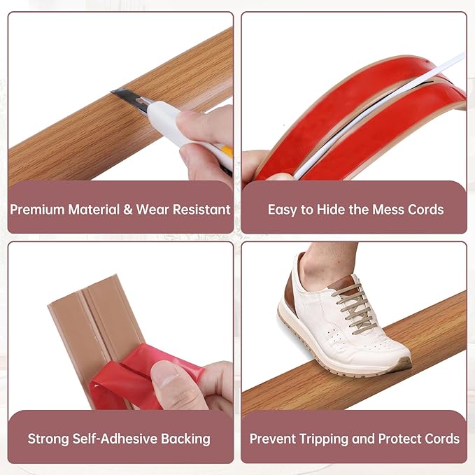 Floor Cord Cover Self Adhesive Cord Hider Floor Extension Cord Covers for Floor Power Cord Protector Cable Management Prevent Cable Trips Cable Cavity 0.59" W x 0.31" H (Light Brown Wood, 10Ft)