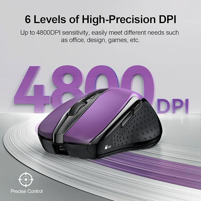 TECKNET Rechargeable Wireless Mouse,USB-A Silent Mouse, Quiet Click, 6 Adjustable 4800 DPI, Cordless Computer Mouse, Ergonomic Mouse for Laptop, 6 Buttons 2.4G Mouse for Chromebook, Ergo Grip - Purple