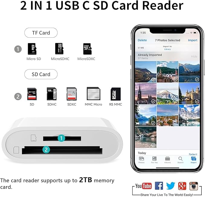 USB C to SD Card Reader, 2-in-1 Type C to SD & TF Memory Card Reader Adapter, Groodo Memory Card Reader MicroSD Card Reader Compatible with iPhone15 16/iPad/Mac/Laptop and More USB-C Devices