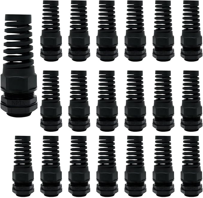 LeMotech 20Pcs NPT 1/2" IP68 Waterproof Cable Gland Flex Spiral Strain Relief Black Nylon Joint with Gaskets for 6-12mm Wire Thread