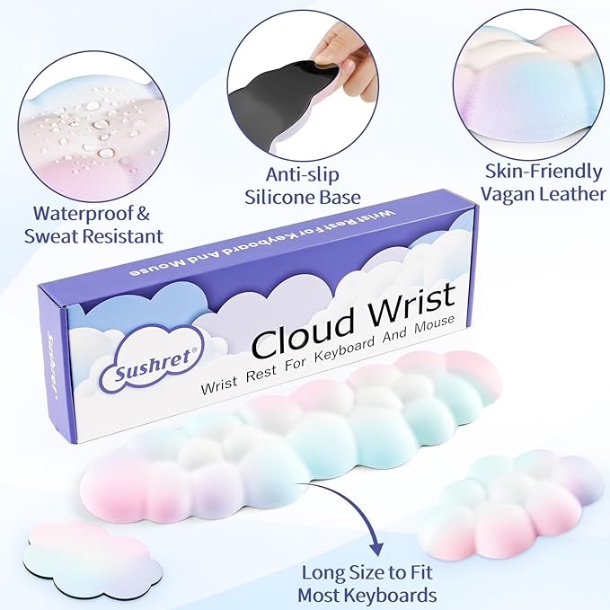 Cloud Wrist Rest Keyboard, Cloud Keyboard Wrist Pad Set with PU Leather Memory Foam, Cute Arm Rest for Palm Support, PC/Gaming Desk Accessories/Office Setup/Computer Hand Cushion - Rainbow