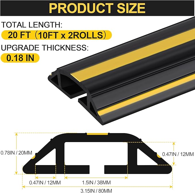 MYFAMIREA 20FT Floor Cord Cover Heavy Duty Cable Cover Protector 3 Channels Extension PVC Floor Wire Cover Outdoor Cord Hider Management Cord Cover for Wire on Floor Home Office Outdoor (2PCS 10FT)