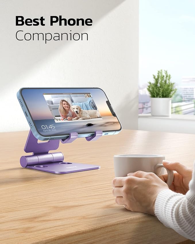 Nulaxy Dual Folding Cell Phone Stand, Fully Adjustable Foldable Desktop Phone Holder Cradle Dock Compatible with iPhone 17 16 15 14 13 12 11 Pro Max Xs Xr X 8, Nintendo Switch, All Phones - Purple