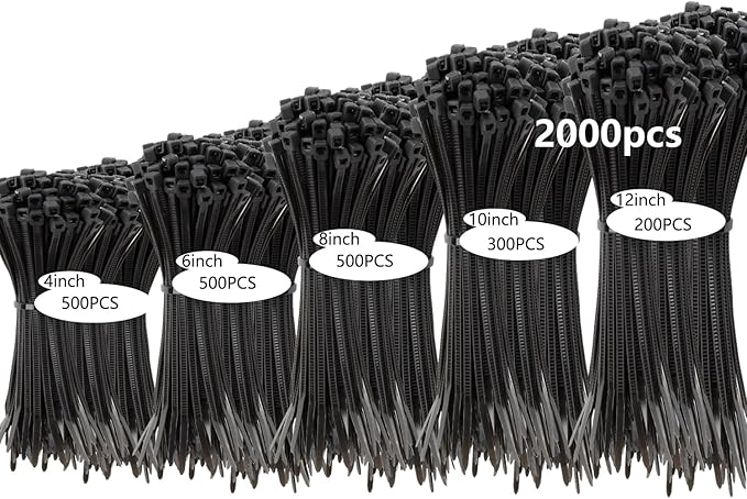 2000 PCS Zip Ties Assorted Sizes 4+6+8+10+12 Inch Self-locking Nylon Cable ties Outdoor, UV Resistant Wire Straps for Home Office Garden Workshop Indoor Outdoor Fence(Black)