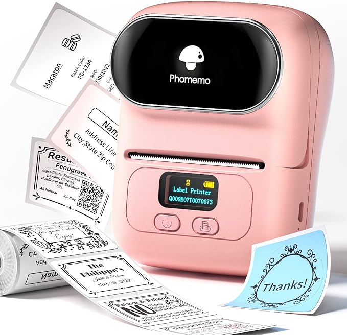 Phomemo Thermal Label Maker - M110 Barcode Label Printer Portable Bluetooth Labeler Maker Machine for for Small Business, Address, Logo, Clothing, Mailing, with 40x30mm Label, Pink