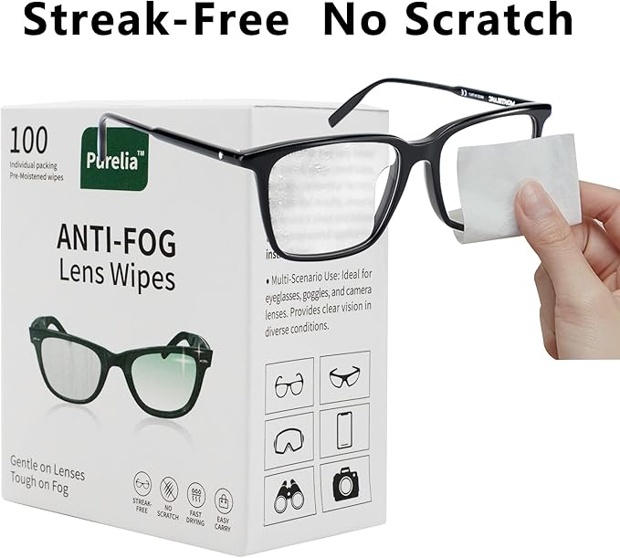 Anti-Fog Lens Wipes,100 Count, Quick-Clean Lens Cloths for Eyeglasses, Goggles, Screens, Portable Individually Wrapped Sheets, Pre-Moistened Cleaning Wipes for Eyeglasses