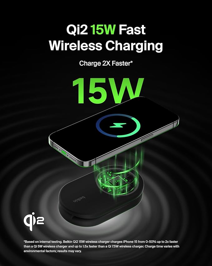 Belkin MagSafe-Compatible Charger, 2-in-1 Magnetic Foldable Charger 15W - Qi2-Certified Wireless Charging for Apple iPhone 16, Apple Watch, Samsung Galaxy S25 w/Non-Slip Base, PSU Included - Black