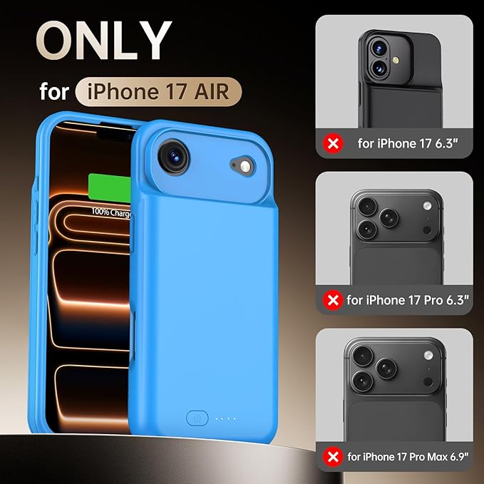 GIN FOXI Battery Case for iPhone 17 AIR, Charging Case Charger 8500mAh Ultra-Slim Lightweight Powerful Battery Pack 15W Fast Rechargeable Anti-Fall TPU Juice Box for iPhone 17 AIR (6.5") Blue