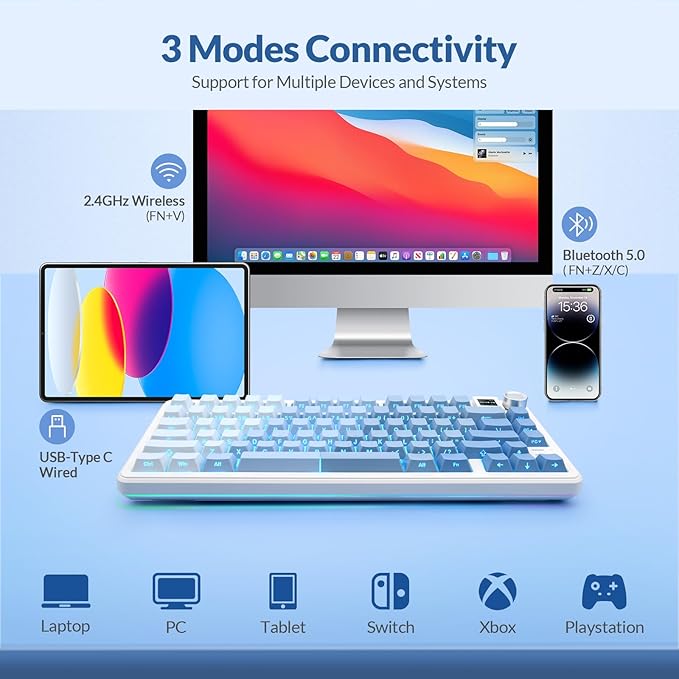 Rii RK805 Wireless Creamy Mechanical Keyboard with TFT Screen and Knob,75% Gasket-Mounted Gaming Keyboard with RGB Backlight,Tri-Mode BT/2.4G/USB-C,Hot Swappable,for Windows/Mac/Linux(Blue Gradient)