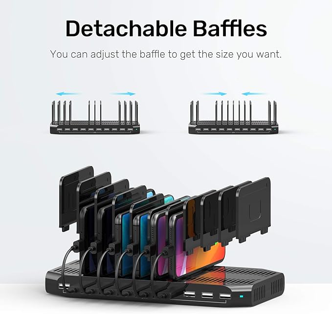 【5PCS】 Unitek USB Charging Station, 10 USB Fast Ports Charge Docking Station and Adjustable Dividers, Multi Device Charger Organizer Compatible with iPad, iPhone, Tablet and Cell Phone - 5PCS, Black