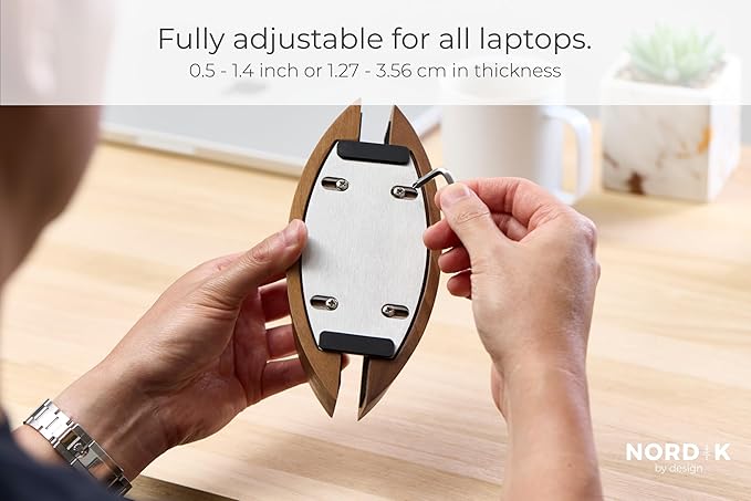 Nordik Adjustable Vertical Laptop Stand - Walnut - Premium Laptop Holder for Home Office, Software Engineers - Space Saving Desk Laptop Dock - Stable Non-Slip Wood Stand - MacBook Pro