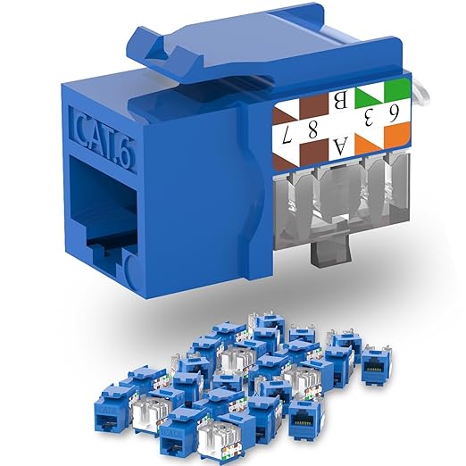 Keystone Jack Cat6 Slim 25 Pack, Keystone Jacks 90 Degree, RJ45 Keystone Jack Punch Down Blue, Cat6 Jack compatiable for Network WallPlate or Patch Panels