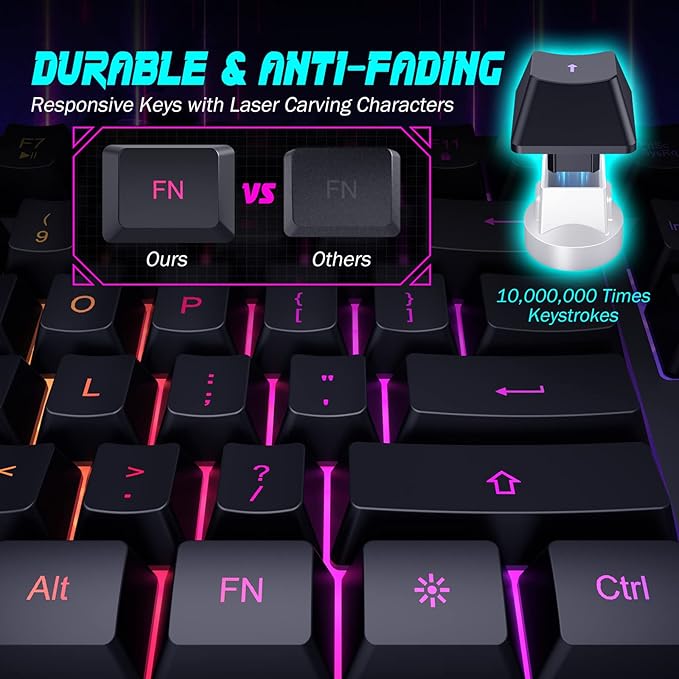 Gaming Keyboard, 7-Color Rainbow LED Backlit, 104 Keys Quiet Light Up Keyboard, Wrist Rest, Whisper Silent, Anti-ghosting Multimedia Keys, Waterproof USB Wired Keyboard for PC Mac Xbox