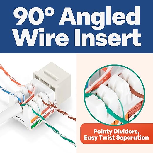 Everest 90° Angled RJ45 Cat6 Keystone Jacks 20-Pack in Light Almond - Slim Profile Female RJ45 Connectors - Cat 6 Keystone Jack - Compatible with 90° Angled Speed Termination Tool - easyJACK