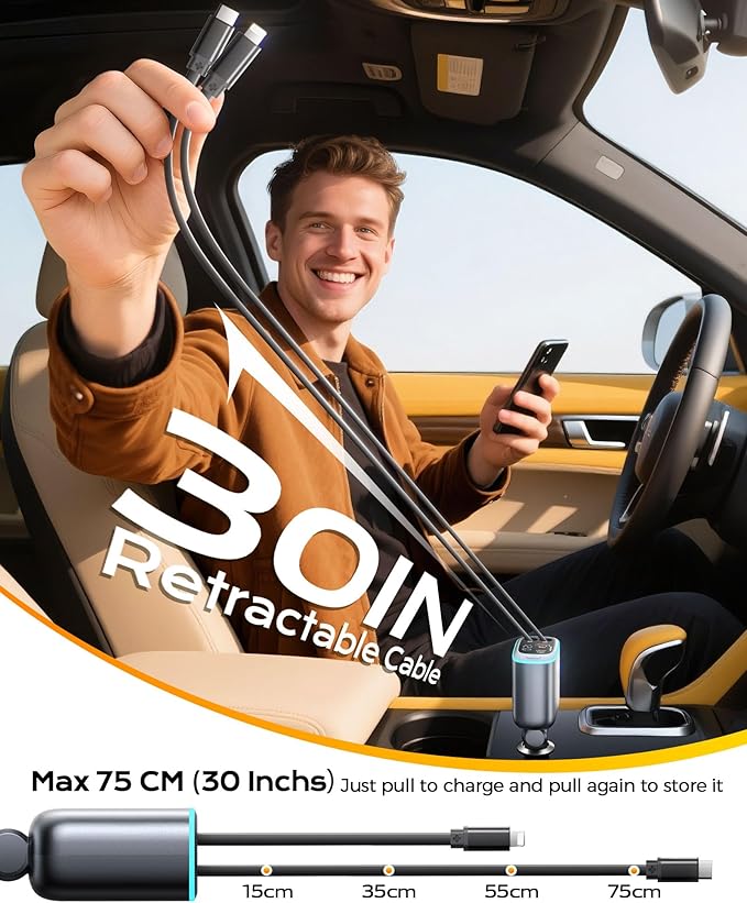 iPhone Car Charger, Retractable Fast USB C Phone Charger, 4 in 1 Cigarette Lighter Adapter with 2 Cables 30 Inch and 2 USB Ports, Multi Port USB Car Charging for iPhone 16/15/14/13/Pro Max