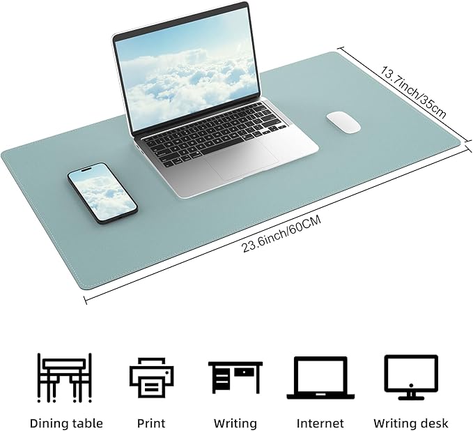 AFIING Dual-Sided Desk Pad, Natural Cork & PU Leather Large Mouse mats for Office and Home Work, Desk Protector Non-Slip, Waterproof, Easy Clean (Light Blue, 23.6" x 13.7")