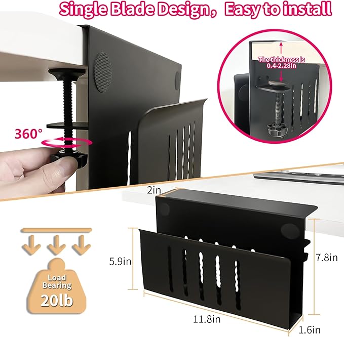Desk Side Storage, Under Desk Storage, No Drill Steel Hanging Desk Organizer, Laptop Holder, Desk Storage Holder for Office & Home.(Black)