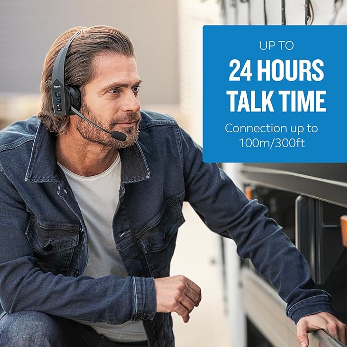 BlueParrott B350-XT Mono Bluetooth Wireless Headphones 96% Noise Canceling Over Head Trucker Headset with Mic, Adjustable Lightweight Headband, IP54-Rated Protection, 24 hrs. Talk Time, Black