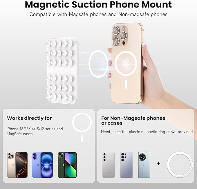 Patented Magnetic Sticky Phone Suction Grip Mount for MagSafe Case,Magnet Silicone Portable Stand Holder for iPhone 16/15/14/13/12 Series and Android, Hands-Free Selfies and Videos,White