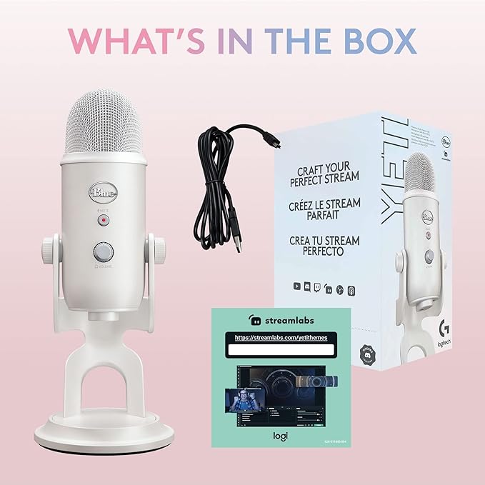 Logitech Creators Blue Yeti USB Microphone for Gaming, Streaming, Podcast, YouTube, Discord, PC, Studio Sound, Plug & Play-White Mist