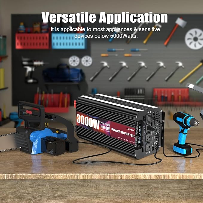 LVYUAN 3000 Watt Power Inverter 12V to 110V 120V for Vehicle, Solar Inverter System, Heavy Duty, RV, Truck, Off Grid,Camping with 4 AC Outlets, LCD Display, Wireless Remote Control, Car Power Inverter