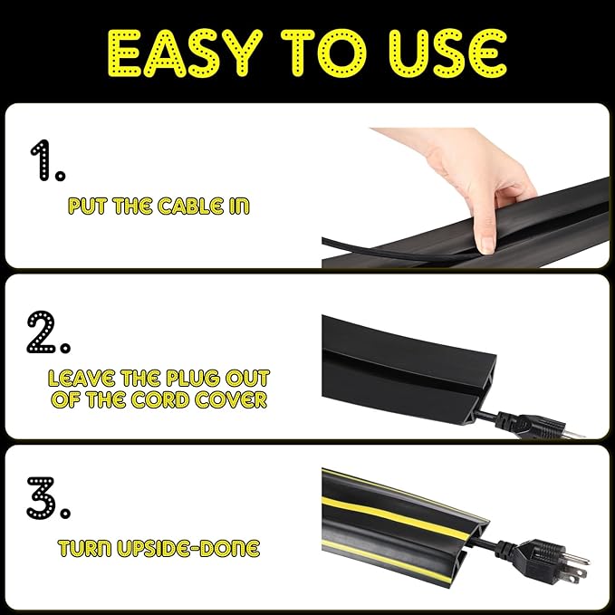 Pangda 20 FT Floor Cable Cover Heavy Duty Cord Cover Protector Power Cable Protector Soft Extension, Organize and Protect Wire on Floor for Home Office or Outdoor Settings (Black, Yellow)
