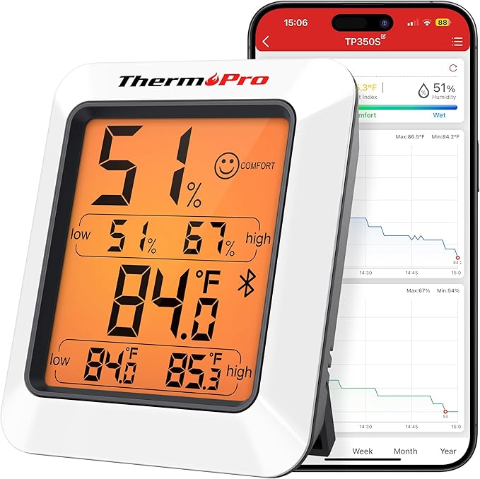 ThermoPro Hygrometer Thermometer for House TP350, Bluetooth Room Indoor Greenhouse Thermometer Monitor Up to 260FT, Backlit Humidity Meter Temperature Sensor with 2-Year Data Export